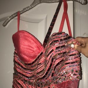 Coral beaded silky gown. Size 6.